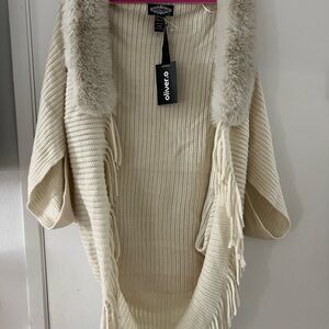 Cream Faux Fur-Trim Knit Poncho Sweater - Women